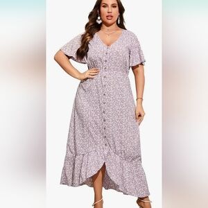 New! Fashion Womens 2XL Floral Purple Button Up Short Sleeve Dress